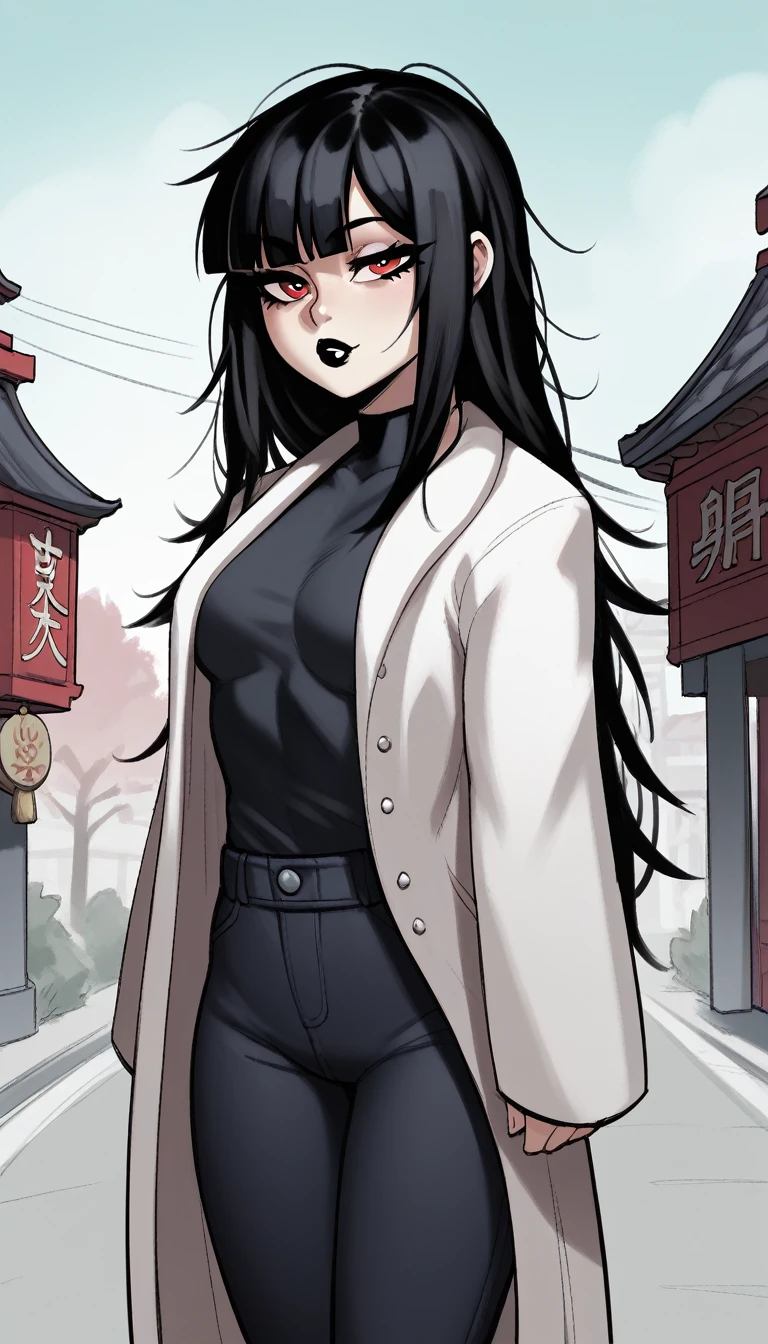 score_9, score_8_up, score_7_up, score_6_up, score_5_up, score_4_up, BREAK 1girl, black hair, messy hair, swept bangs, red eyes, long eyelashes, seductive expression, blunt bangs, short, BREAK solo, small breasts, skinny, arched back, thigh gap, shrine maiden, white fur coat, innocent, lovely, adorable, long hair, hair covering one eye, dark mage, fully clothed, hibakama pants, hakui shirt, yakuza, city street background, black lipstick, latina, crime boss,