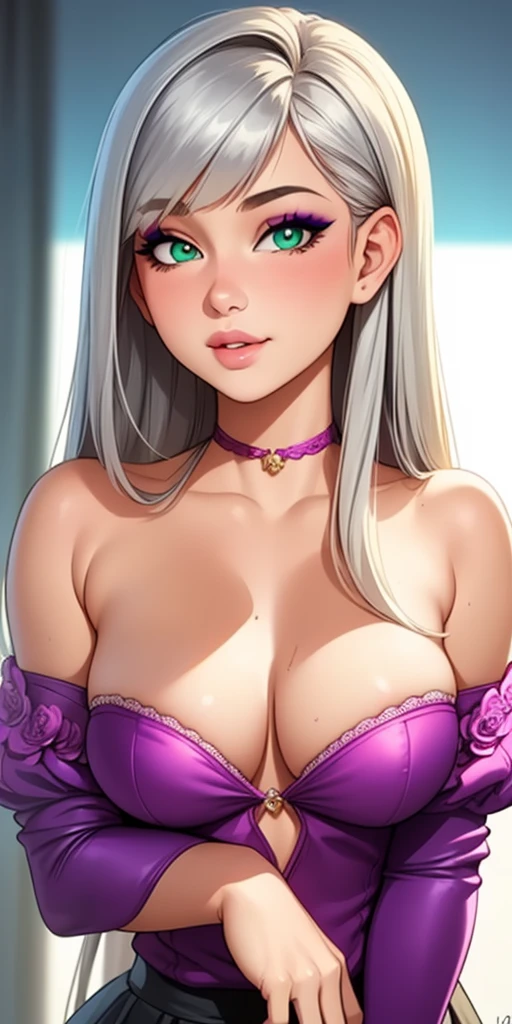 (masterpiece), (portrait), beautiful small breasts (aesthetics), ((20 year old girl)), ((long straight hair)), ((silver punk hair with bangs, long fluffy hair)) , beautiful hair, thin eyes and open eyes, green eyes, cute, feminine, woman, feminine characteristics, high quality, aesthetic clothes, professional angle, (rule of thirds), feminine characteristics, solo, (attractive Korean woman), spring, (ink mist), (night), (vibrant light), seductive, ((flirting looking))), neck strap blouse, hip Long Off Shoulder Hip Hop top, beautiful fluffy skirt ((energy)), (makeup bold), (medium breasts), tanned skin, (Hip Hop outfit details), (puffed sleeves with *O* neckline), (Beautiful neckline), beautiful body, beautiful eyes, bright eyes, romantic smile, beautiful mouth, beautiful lips, seductive pose (best quality, ultra-detailed, photorealistic: 1.39 ), bright and vibrant colors, studio lighting, romantic expression, seductive, in the Flower Garden