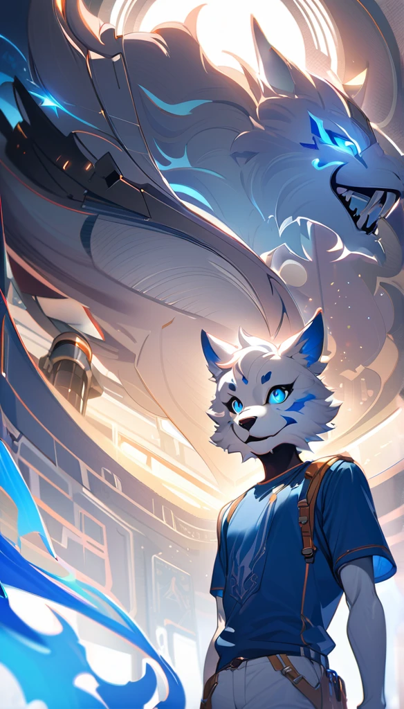 work of art, Exquisite and detailed, 4K, 8K, high resolution, furry kemono commission style, design of character, high-tech fantasy style, furry wolf, white fur, long white hair with blue details, open white jacket, blue T-shirt, White pants, robotic arms floating next to his shoulder, a cute little robot floating above his head, blue flame effect surrounding him in the background, details about clothes, dynamic light , no back ground, highy detailed boy