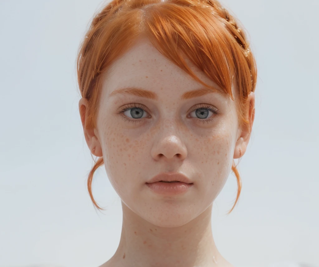 the most beautiful woman ever, this white redhead woman with freckled skin named Lagertha, ((( extremely pale bright, bright skin ))), ((( short orange hair arranged in a top bun with bangs ))), lovely, beautiful naked butt, freckles, perfect realistic female naked round ass, perfect naked snub ass, white background, ((( very intense bright lighting directly in her entire body, making her skin look paler ))), ((( rose, pinkish skin ))), ((( curvy female body ))), ((( very clean pale skin ))), ((( fully naked ))), ((( fully freckled ))), ((( freckles all over her body ))), ((( glowing sapphire eyes ))), ((( tiny mouth )))