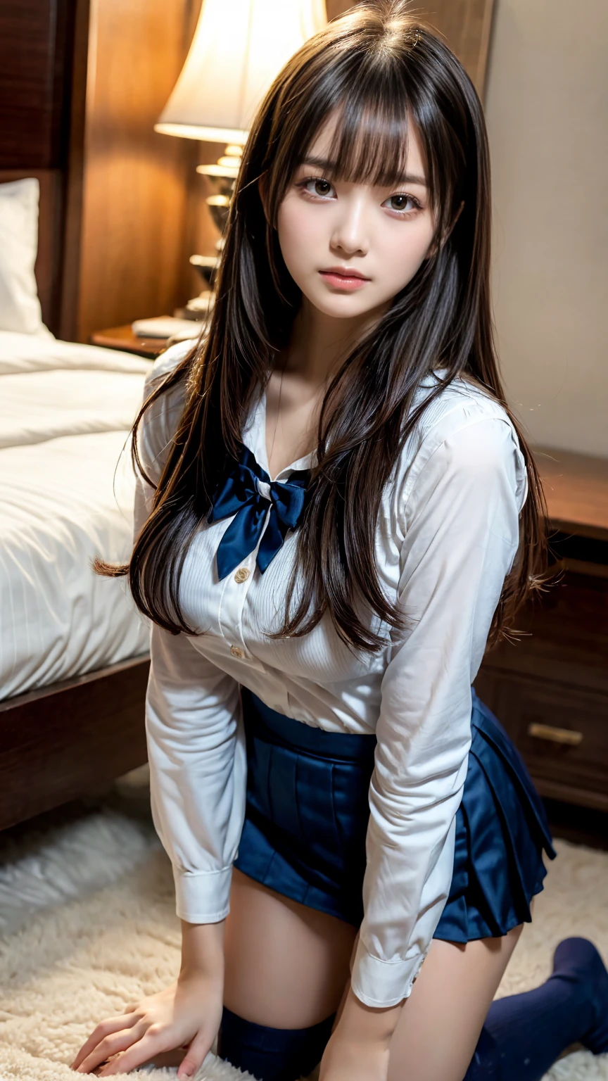 masterpiece, Best Quality, 8K, 20 yo, huge breasts, cuddly, Solo, sad, Cute, Girly, Delicate girl, Neat and clean beauty, Raw photo, Professional Photography, Portrait, Soft light, Professional Lighting, Back lighting, Upper body, front view, (on all fours, hotel room), Sophisticated, Film grain, (Eyes and faces with detailed:1.0), short length floating hair, beautiful flowing hair, bangs, High school girl uniform、Super Short Check Uniform Skirt、Navy blue high socks, Colossal tits、Don't expose it, expresses the roundness and softness of your chest., Protruding big, Erotic shorts, Standing Elegantly、Voluptuous thighs