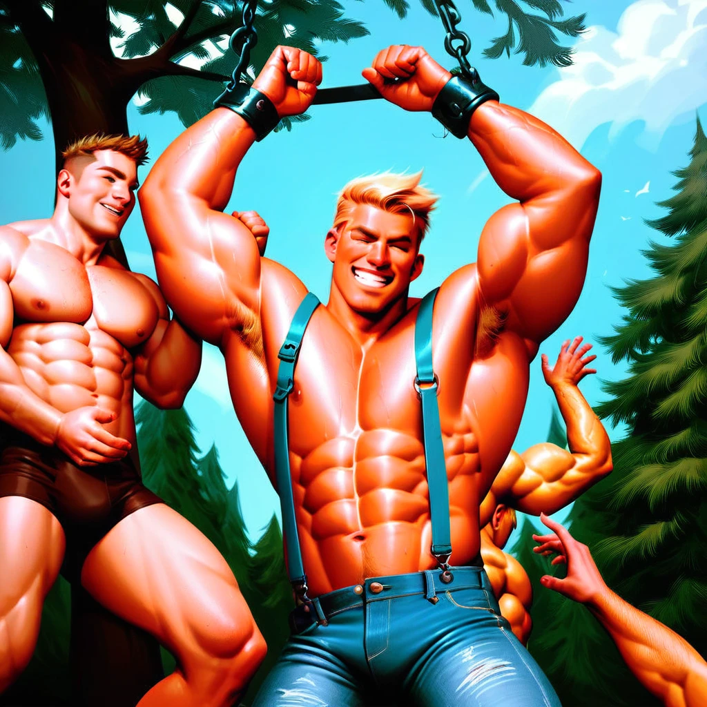 , multiple men, 3men, handsome muscular shirtless blonde bearded haired man laughing hands above head tied up to a tree, wearing suspenders and a jeans, tickled armpits, armpit tickling by handsome muscular brown haired man dressed as a lumberjack, forest background,