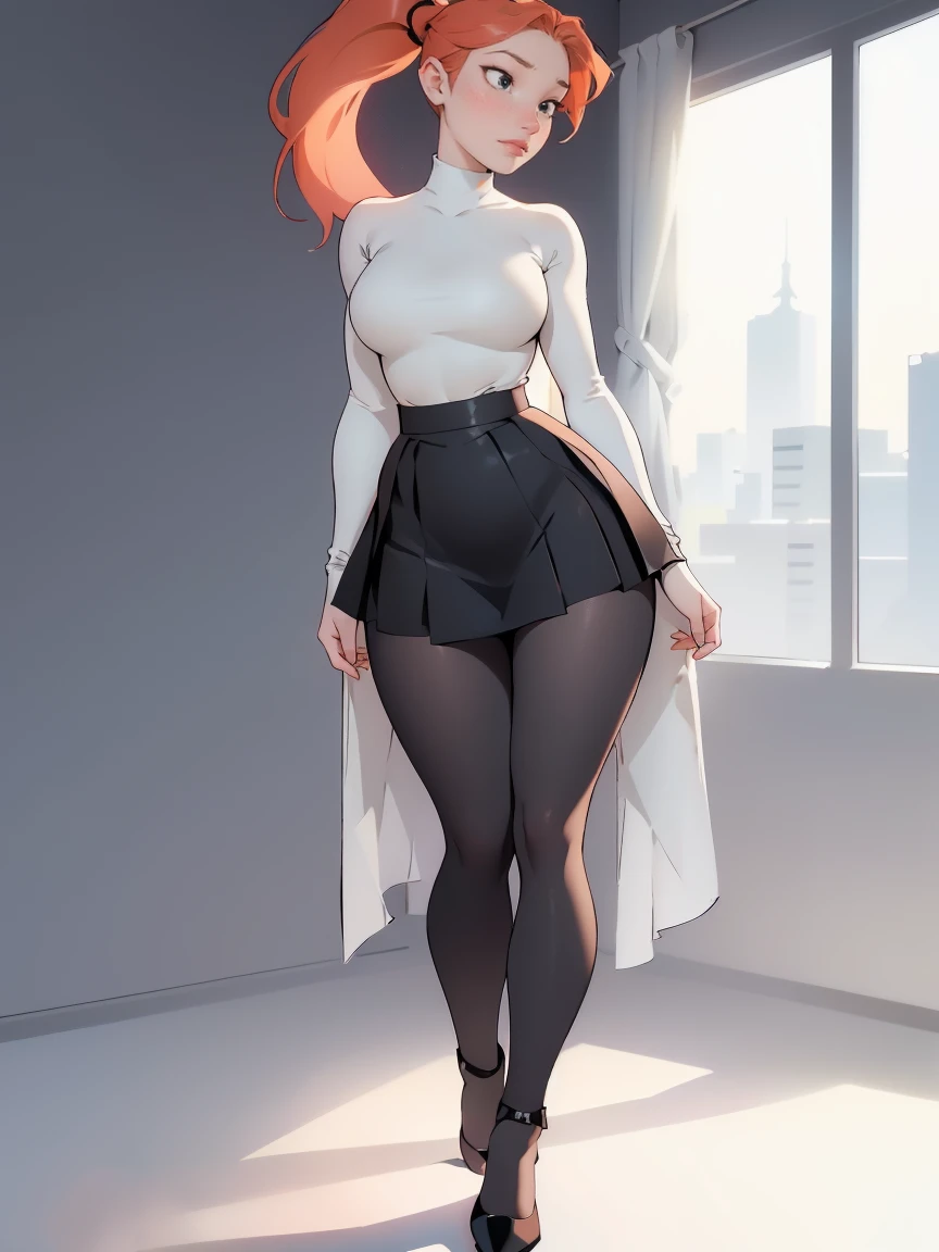 photo of a ginger girl, freckled face, face freckles, rosy, contemptuous look, 1 girl, solo, full body view, ponytail haircut,pale skin, big round , stand sexy pose, beautiful, ((pleated skirt with black tights under skirt)), ((oversized black sweater)), black high heel shoes