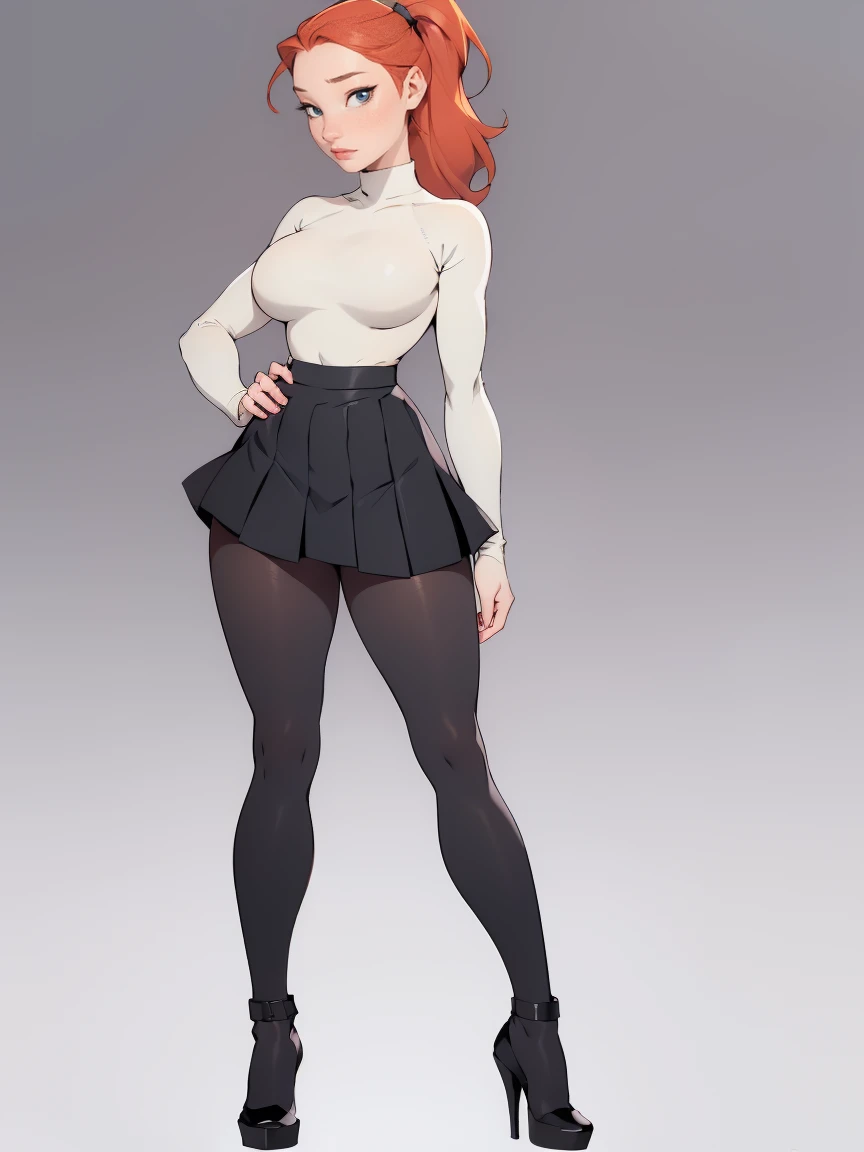 photo of a ginger girl, freckled face, face freckles, rosy, contemptuous look, 1 girl, solo, full body view, ponytail haircut,pale skin, big round , stand sexyse, beautiful, ((pleated skirt with black tights under skirt)), ((oversized black sweater)), black high heel shoes