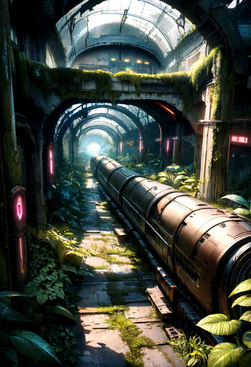 a futuristic and abandoned train station in a european jungle, cyberpunk style, aerial view, intricate details, highly detailed, 8k, photorealistic, cinematic lighting, moody atmosphere, overgrown vegetation, decaying infrastructure, neon lights, rusty metal, steam punk elements, glowing panels, advanced technology, complex machinery, futuristic architecture, dramatic shadows, vibrant colors