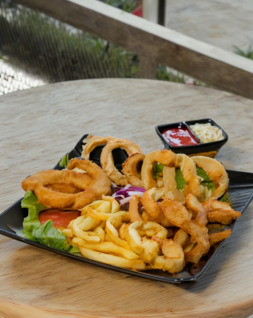 (very sharp result) (((textile shading))), (((Best Quality))), hyper realistic detailed food photography, (texture detailed exposed) ultra high definition (masterpiece 1.2) (food porn) a neat presentation of a tasty & delicious a tasty meal of fries and onion rings served on a wooden table.