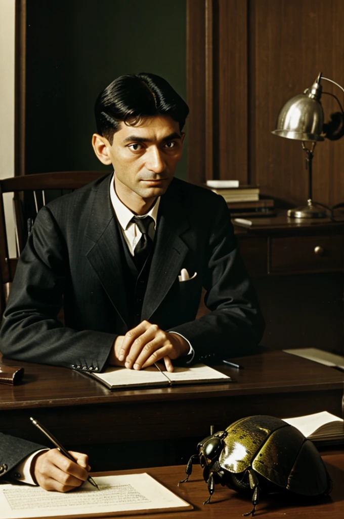 The writer Franz Kafka is at his desk writing and a huge beetle is next to him keeping him company.
