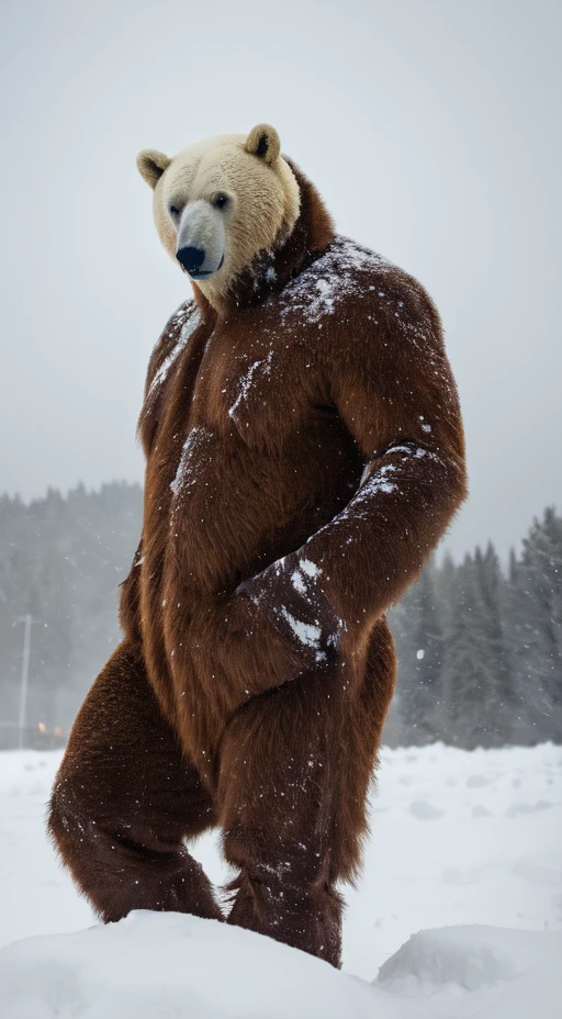 Polar bear stands looking at the sky Medium muscular, frozen planet setting, snowstorm , zoomed in on crotch, , chunie, darkgem,Monstrous blizzard with the fierce face of a bear,engulfed in whiteout conditions,swirling snow,and buffeting winds. Cinematic,mysterious,sinister,scary,wild,deadly,and beastly. A nightmarish masterpiece.,