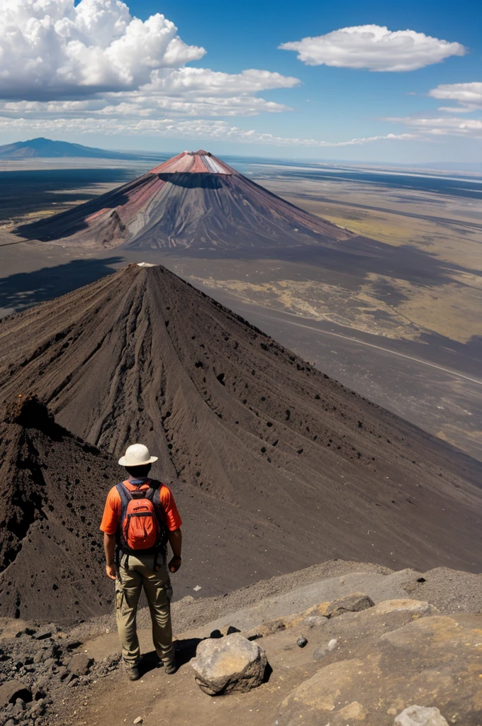 A person with rocks volcano background 
