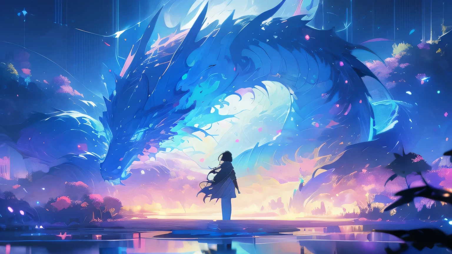 Masterpiece, Best Quality, ultra detailed, illustration, wide angle, a beautiful valley with a lake, neon lights, composition, balance, harmony, rhythm, color, light, ombre, reflection, refraction, application, contrast, foreground, middle ground, bottom, Naturalist, Figurative, Figurative.