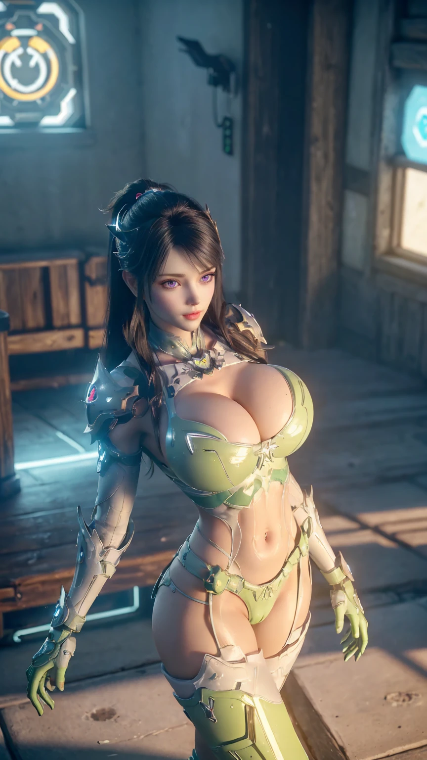 ((BUSTY MILF:1.3)), ((CLOSEUP UPPER BODY, SOLO, STANDING POSE, COWBOY SHOT:1.5)), ((GIGANTIC FAKE BREASTS:1.5)), ((CLEAVAGE, EXPOSE 11 LINE ABS, BIG BUTTOCK:1.5)), ((WEARING LIGHT GREEN MICRO G-SLINGSHOT BIKINI FROM OVERWATCH, IN FUTURISTIC ARMOR, GIRL IN MECHA CYBER ARMOR:1.5)), (WET ATHLETIC FEMALE BODY SHAPE:1.5), (CLEAN GLOSSY BODYSKIN:1.4), (BACKGROUND FUTURISTIC SPACE STATION:1), (PHOTOREALSITIC:1.4), (ULTRA-DETAILLIERT), (TOP-QUALITY), (BEST SHADOWS), BRIGHT LIGHT IN ROOM, HYPER TEXTURE, (4X MSAA), ((UNREAL ENGINE 5 RENDER)), (NEON), PHYSICALLY-BASED RENDERING, ULTRA HIGHT DEFINITION, 16K, 1080P.