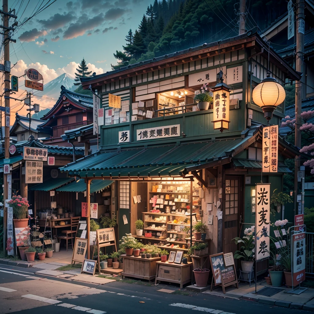 Japan, An old antique shop on the side of the road in the mountains, Japanの近代建築, sun-set, sunset, sun set, sun, Highest quality, (no one: 1), anime, anime style, praise, Dramatic Weather, Japanの店の看板, praise style, Vegetation, forest, Neon Signs, flower pot, Lantern, lamp
