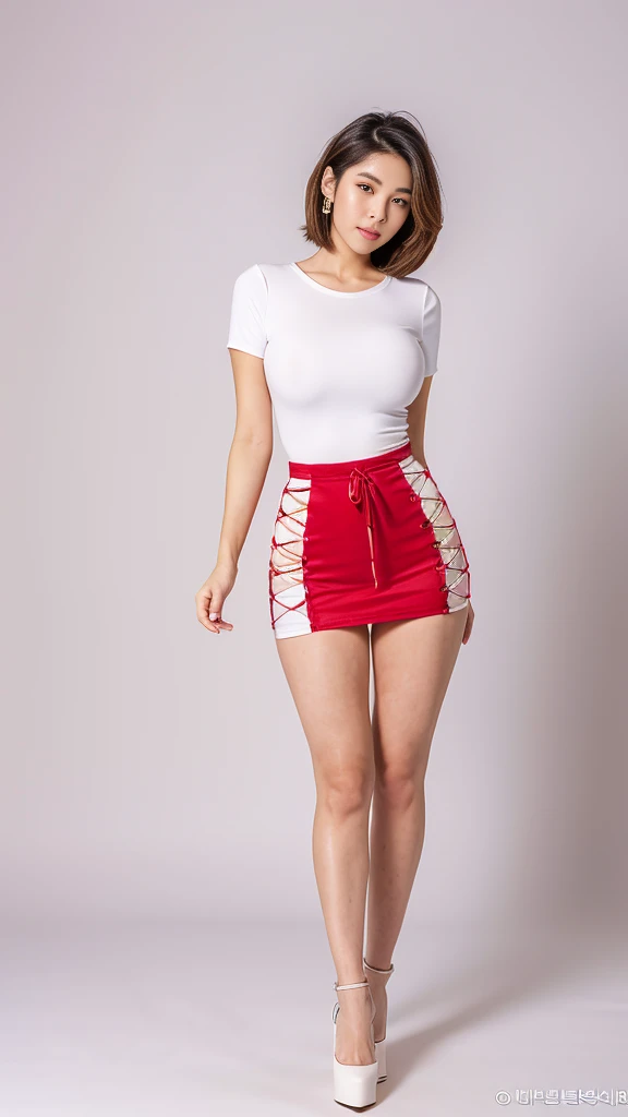 A hot korean woman, tall figure, long legs, blonde hair, glossy lips, (perfect body, saggy breasts, braless), (casual white tight shirt with rounded-neck short-sleeve loose), stilettos, full body, seductive look, at professional photo studio, colorful backdrop background, dynamic light, dynamic angle, perspective, 8K, masterpiece, ultra detailed.