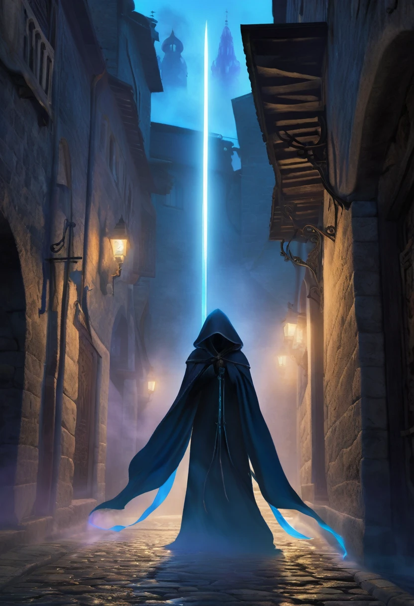 A dark and mysterious scene set in a foggy, narrow street of an ancient city. In the foreground, a female figure cloaked in a flowing, dark hooded robe stands with a glowing blue, ethereal sword. The figure's face is partially hidden by the hood, with long, flowing hair cascading down. The sword emits a powerful, magical blue aura. In the background, several shadowy figures with glowing purple eyes and similar cloaks are visible, adding to the eerie and mystical atmosphere. The setting is medieval with old buildings lining the street and banners hanging above. The overall mood is tense and magical, with an air of secrecy and impending confrontation.