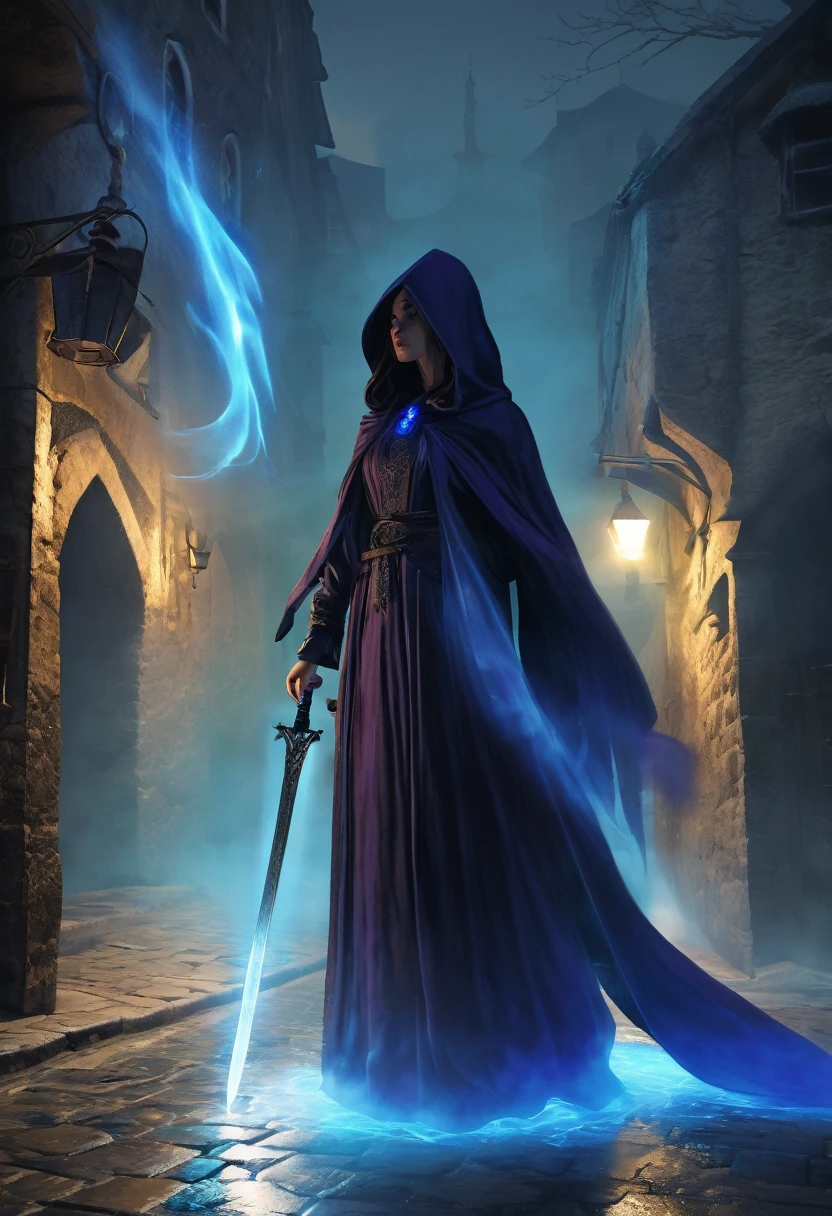 A dark and mysterious scene set in a foggy, narrow street of an ancient city. In the foreground, a female figure cloaked in a flowing, dark hooded robe stands with a glowing blue, ethereal sword. The figure's face is partially hidden by the hood, with long, flowing hair cascading down. The sword emits a powerful, magical blue aura. In the background, several shadowy figures with glowing purple eyes and similar cloaks are visible, adding to the eerie and mystical atmosphere. The setting is medieval with old buildings lining the street and banners hanging above. The overall mood is tense and magical, with an air of secrecy and impending confrontation.