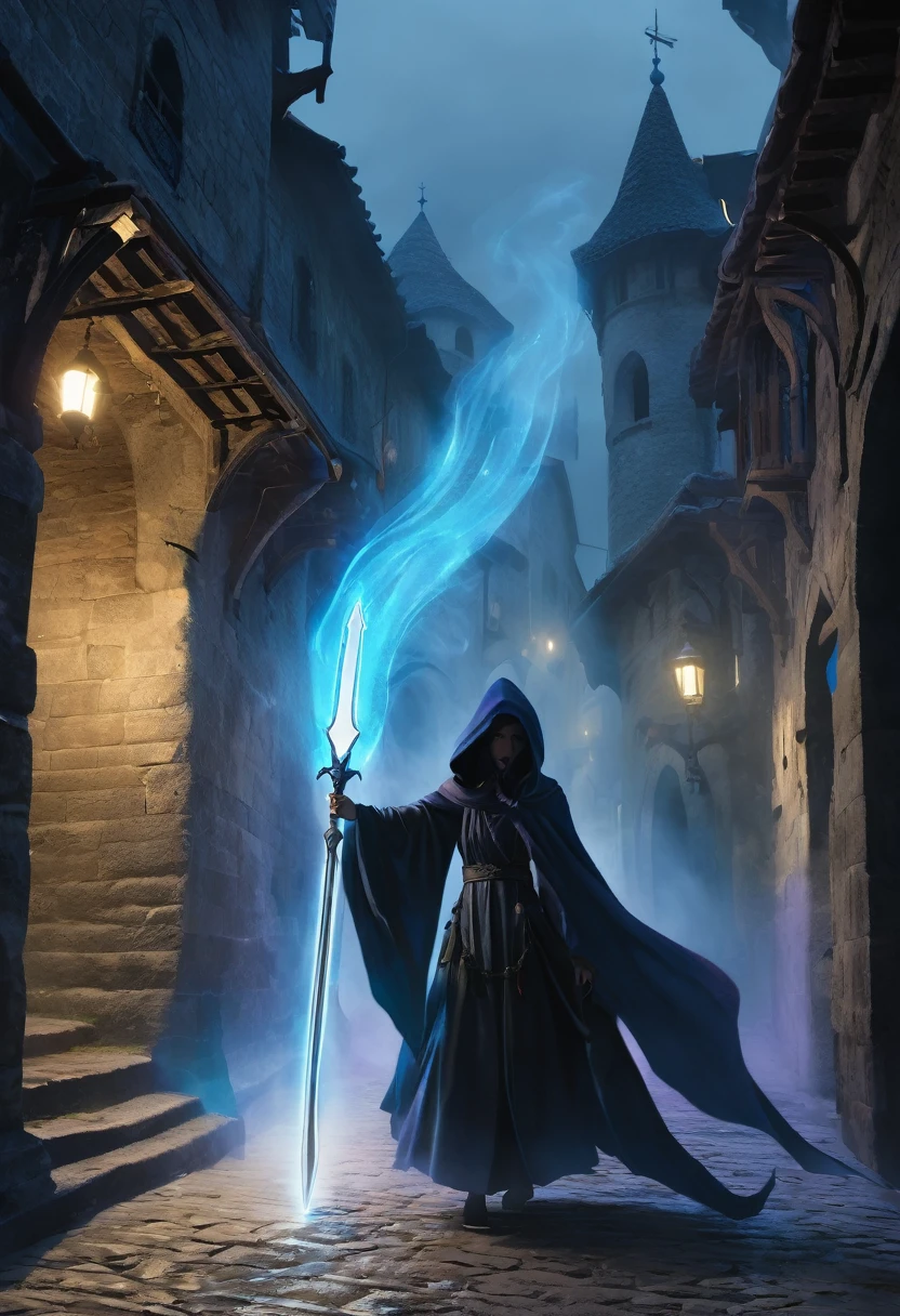 A dark and mysterious scene set in a foggy, narrow street of an ancient city. In the foreground, a female figure cloaked in a flowing, dark hooded robe stands with a glowing blue, ethereal sword. The figure's face is partially hidden by the hood, with long, flowing hair cascading down. The sword emits a powerful, magical blue aura. In the background, several shadowy figures with glowing purple eyes and similar cloaks are visible, adding to the eerie and mystical atmosphere. The setting is medieval with old buildings lining the street and banners hanging above. The overall mood is tense and magical, with an air of secrecy and impending confrontation.