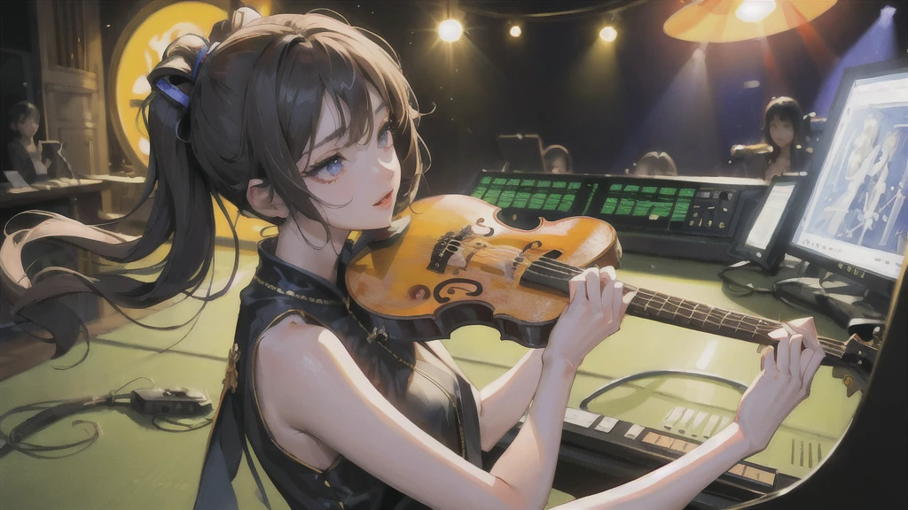 (masterpiece:1.2, best quality), 1lady, solo, Musician, Musical attire, Recording studio, Composing music, Performing live, Collaborating with other musicians, Vietnam