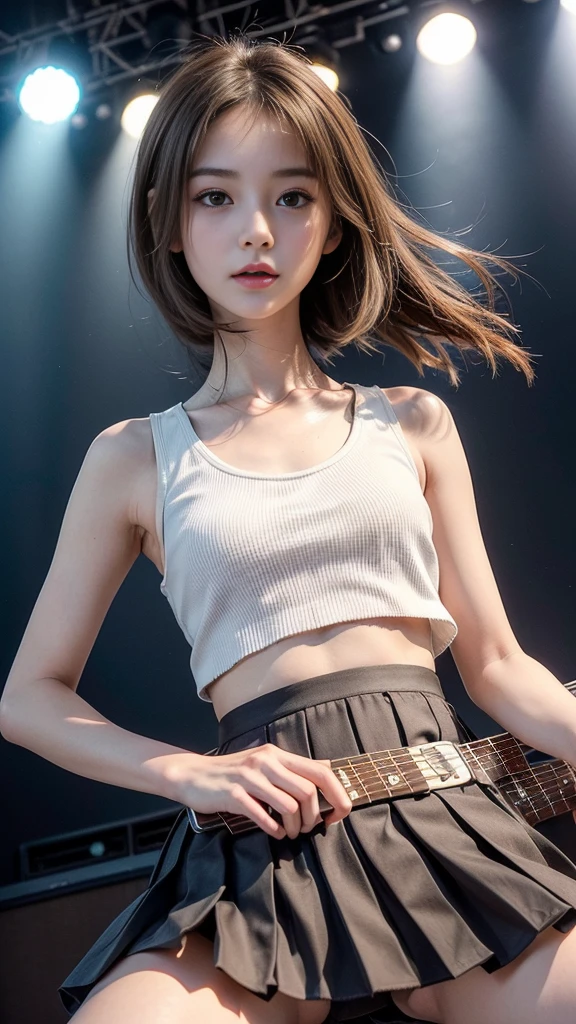 (Highest quality, masterpiece:1.2, RAW Photos), (Realistic:1.3), Realistic:1.2、One Girl、Japanese、Slender body line、Small face and slender figure、((beautiful girl、Cute  girl、Idol Face、Baby Flaying electric guitar:1.3))、(She spreads her legs to show off her sexy panties:1.4)、(Cute tank top and mini pleated skirt:1.3)、(Beautiful brown hair:1.3)、((on stage at a rock concert:1.3))、(Beautiful breasts、Upward bust), (Detailed eyes and face:1.2, Professional photography techniques, Cinema Lighting), (Detailed hands:1.1、A girl&#39;s small and beautiful hands:1.2), (Perfect Anatomy:1.3), (Staring at the viewer with a mean look, blush:1.2)