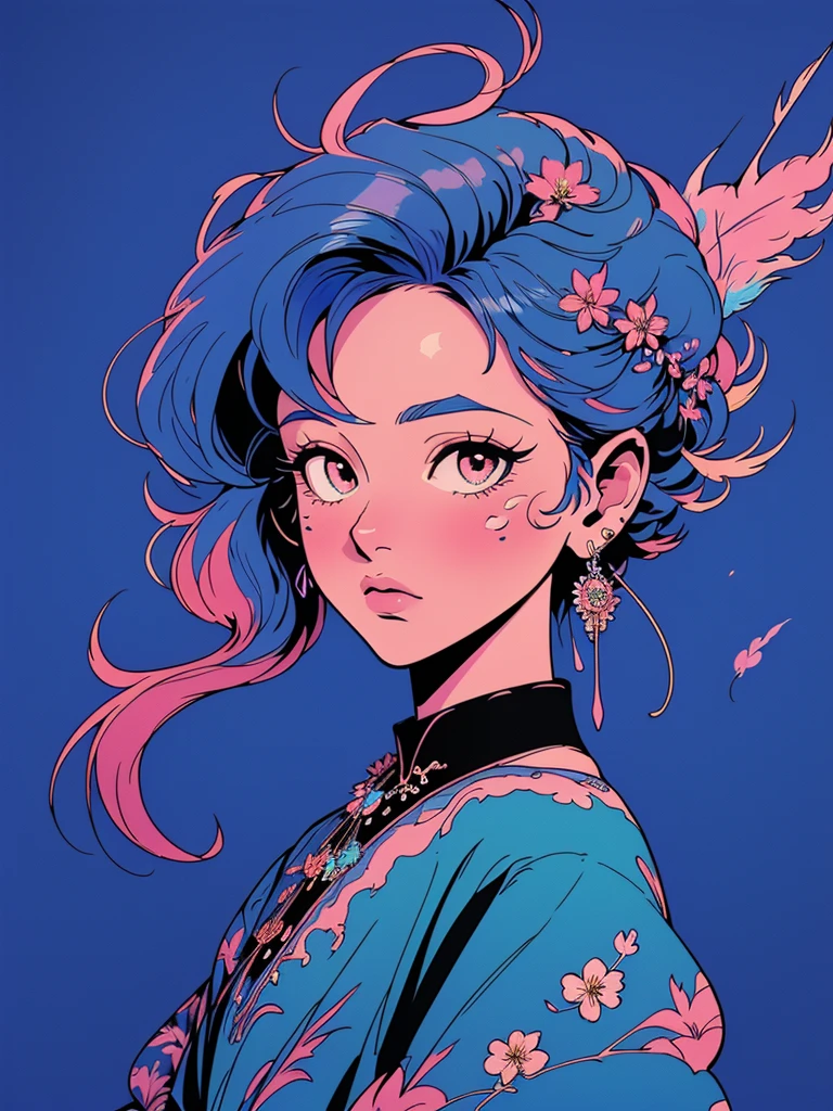  アニメ, the 90s(work of art, maximum quality, best qualityer, offcial art, beautiful and aesthetic:1.2), (1 girl:1.3), very detailled,(Fractal Art:1.1),(rich and colorful:1.1)(flowers:1.3),the most detailed,(tangle:1.2), all-body, (blue background:1.3), (shining skin), (many colors:1.4), ,(aretes), (plume:1.5), russet hair