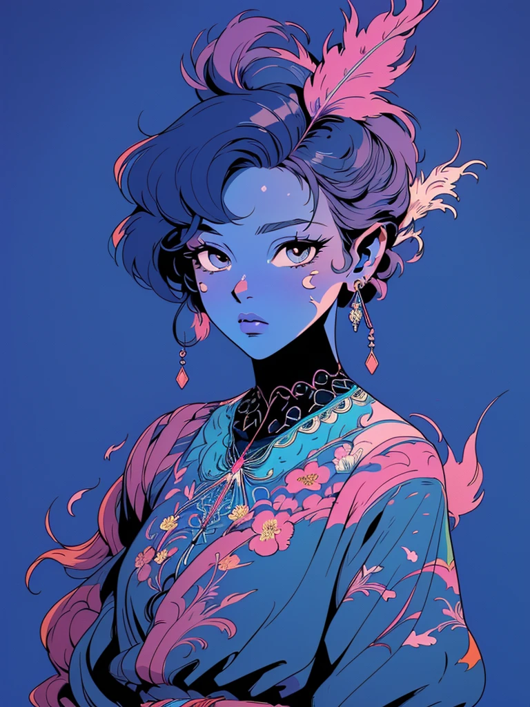  アニメ, the 90s(work of art, maximum quality, best qualityer, offcial art, beautiful and aesthetic:1.2), (1 girl:1.3), very detailled,(Fractal Art:1.1),(rich and colorful:1.1)(flowers:1.3),the most detailed,(tangle:1.2), all-body, (blue background:1.3), (shining skin), (many colors:1.4), ,(aretes), (plume:1.5), russet hair