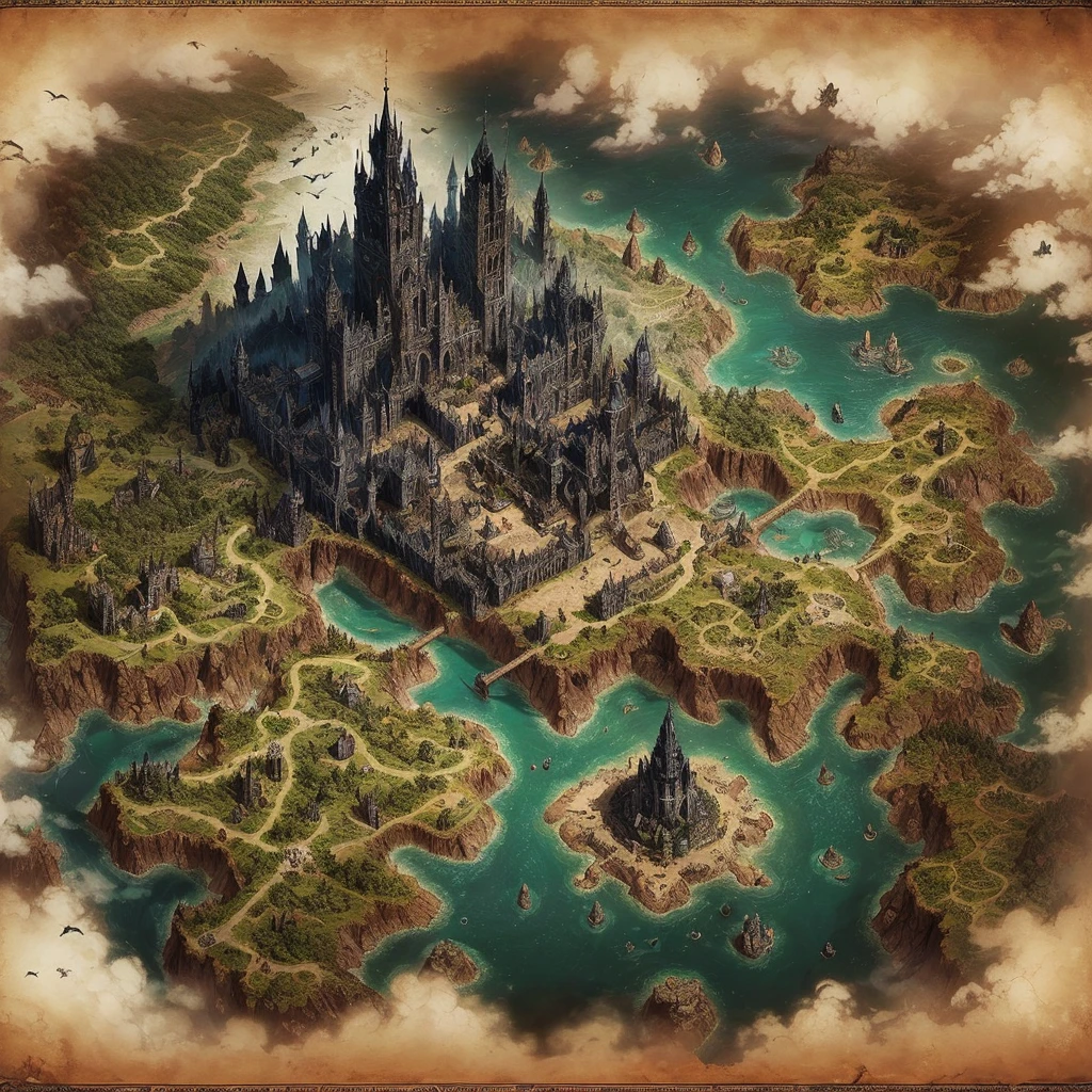 Create an RPG map Top view, Parchment map of the mysterious world, (Necrotic dark magic in the air), Dungeons, Dark fantasy, Game art, (Coherent architecture, realistic proportions and textures, Intricate details, hand painted, vibrant, Gothic, Artwork 8K), In the middle of the map is the Ruined City, The surrounding area of villages and one or two lakes, In the upper right corner is a large shadowy forest, In the lower right corner is a large haunted tower, In the top center