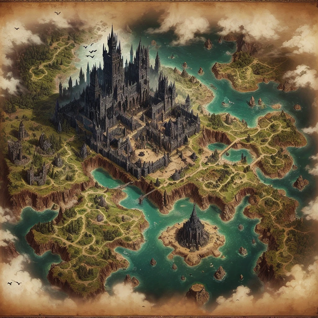 Create an RPG map Top view, Parchment map of the mysterious world, (Necrotic dark magic in the air), Dungeons, Dark fantasy, Game art, (Coherent architecture, realistic proportions and textures, Intricate details, hand painted, vibrant, Gothic, Artwork 8K), In the middle of the map is the Ruined City, The surrounding area of villages and one or two lakes, In the upper right corner is a large shadowy forest, In the lower right corner is a large haunted tower, In the top center