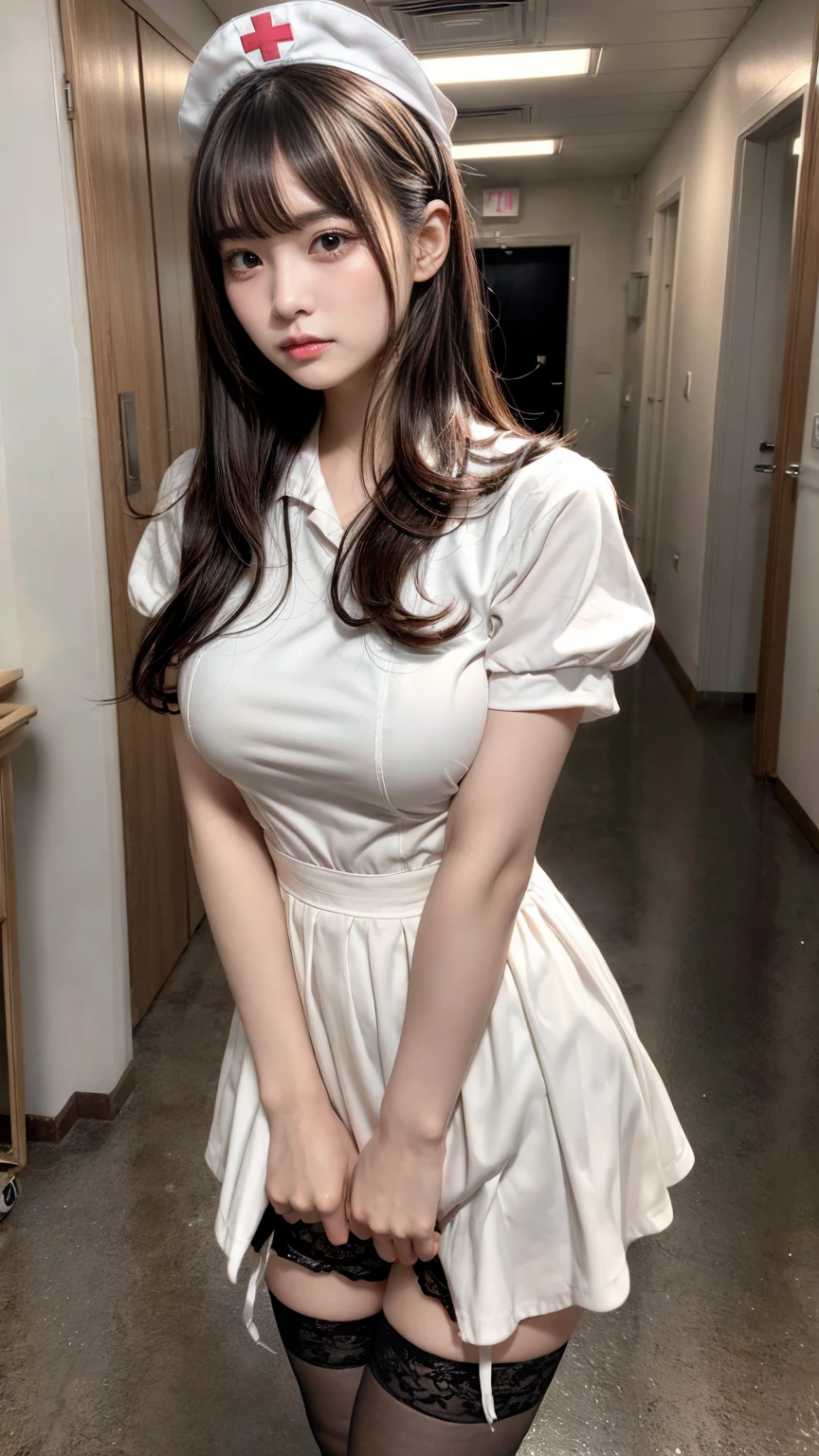 muste piece, best quality, illustration, Super detailed, fine details, High resolution, 8K,wall paper, perfect dynamic composition,(Details High quality, realistic depiction of eyes:1.3), Hospital Rooms、White nurse cap、White tights、White nurse uniform、to stand、Hand skirt、Flipping up a white skirt, large breasts,short bob hair, black hair color, Big Natural Color Lip, bold sexy pose, crying a little、cold gaze, Harajuku style、20 year old girl、cute type、lolita、beautiful legs, hposing Gravure Idol