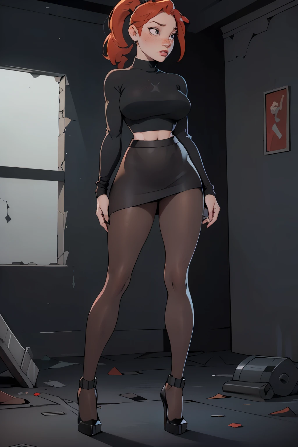 1girl, ginger, freckled face, face freckles, rosy, contemptuous look, 1 girl, solo, full body view, ponytail haircut,pale skin, big bust, stand sexy pose, beautiful, ((black pencil skirt with black tights under skirt)), ((oversized black sweater)), black high heel shoes, ((in an dark old abandoned black basement))
