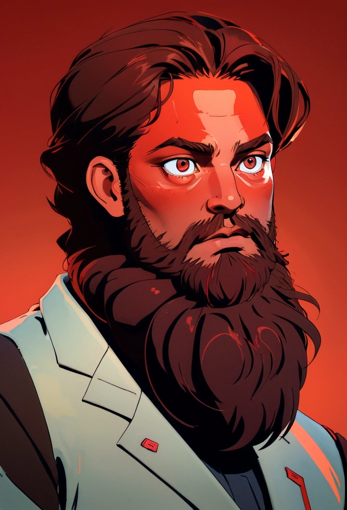 (Artwork, best quality) ,close shot, 1 man, beard, short brown hair, red eyes, wearning a suit , gradient red background, sunlight, masterpiece, digital art, effects light, vibrant colors