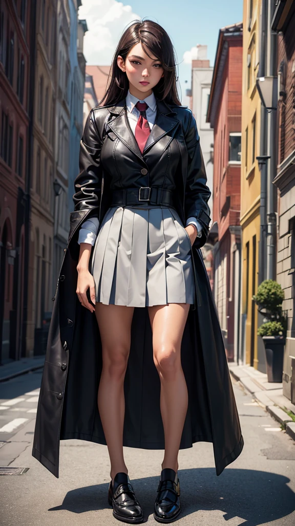 ((masterpiece)), best quality, extremely detailed face, ultra high res, (photorealistic:1.4), Amazing, finely detail, huge filesize, correct exposure, 1 girl, Athletic Body, 172cm height, (intricate details), SOLO, looking at the viewer, perfect lighting, realistic, lips, blush, shiny skin, fair skin, extremely detailed face, beautiful detailed eyes, (detail skin:1.2), depth of view, ,((school uniform, overcoat,leather shoes,)), fullbody shot, standing,