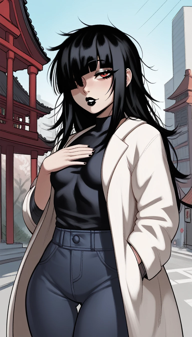 score_9, score_8_up, score_7_up, score_6_up, score_5_up, score_4_up, BREAK 1girl, black hair, messy hair, swept bangs, red eyes, long eyelashes, seductive expression, blunt bangs, short, BREAK solo, small breasts, skinny, arched back, thigh gap, shrine maiden, white fur coat, innocent, lovely, adorable, long hair, hair covering one eye, dark mage, fully clothed, hibakama pants, hakui shirt, yakuza, city street background, black lipstick, Latina, Mexican,
