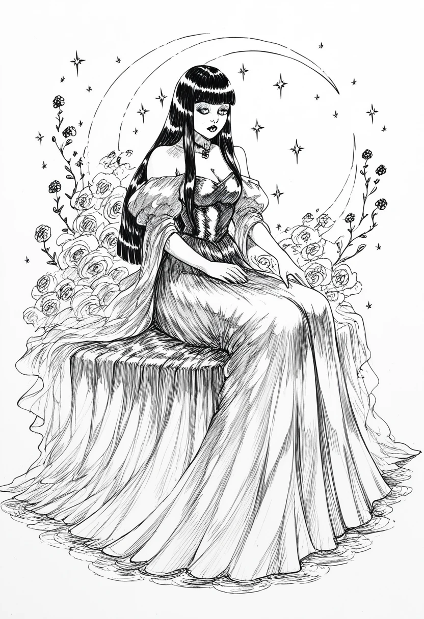 score_9, score_8_up, score_7_up, 1girl, sp1t, abundant detailed hatching shading, monochrome,best quality, high resolution, detaikled background,  blunt bangs, straight hair, hime cut, a princess, long dress, sitting in thronem 