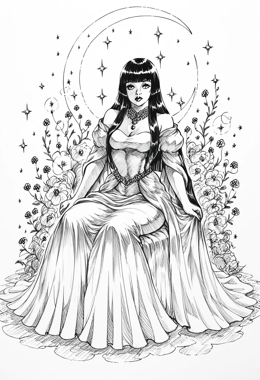 score_9, score_8_up, score_7_up, 1girl, sp1t, abundant detailed hatching shading, monochrome,best quality, high resolution, detaikled background, blunt bangs, straight hair, hime cut, a princess, long dress, sitting in thronem