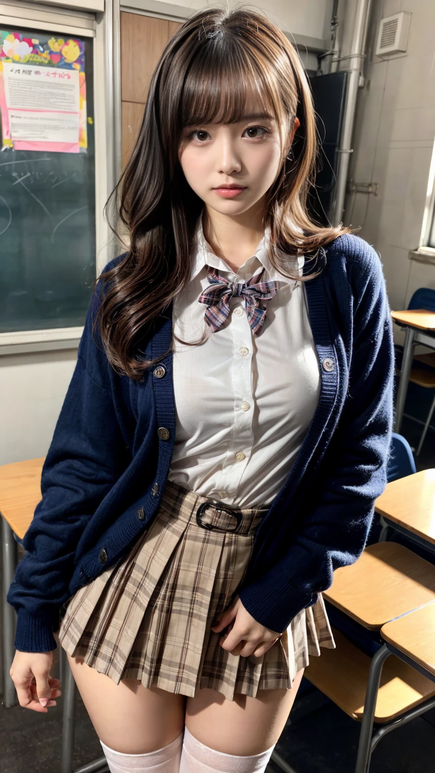 masterpiece, best quality, illustration, Super detailed, fine details, High resolution, 8K,wall paper, perfect dynamic composition,(Details High quality, realistic depiction of eyes:1.3), short hair, (wavy hair:1.2), Layered Cut, High School Classroom、High school girl uniform、Cardigan、Super Short Check Uniform Skirt、Navy blue high socks、garterbelts、Colossal tits、Disturbed uniform、, black hair color, Big Natural Color Lip, bold sexy pose, (perfect body shape), crying a little、cold gaze, Harajuku style、20 year old girl、cute type, beautiful legs, hposing Gravure Idol, Voluptuous thighs