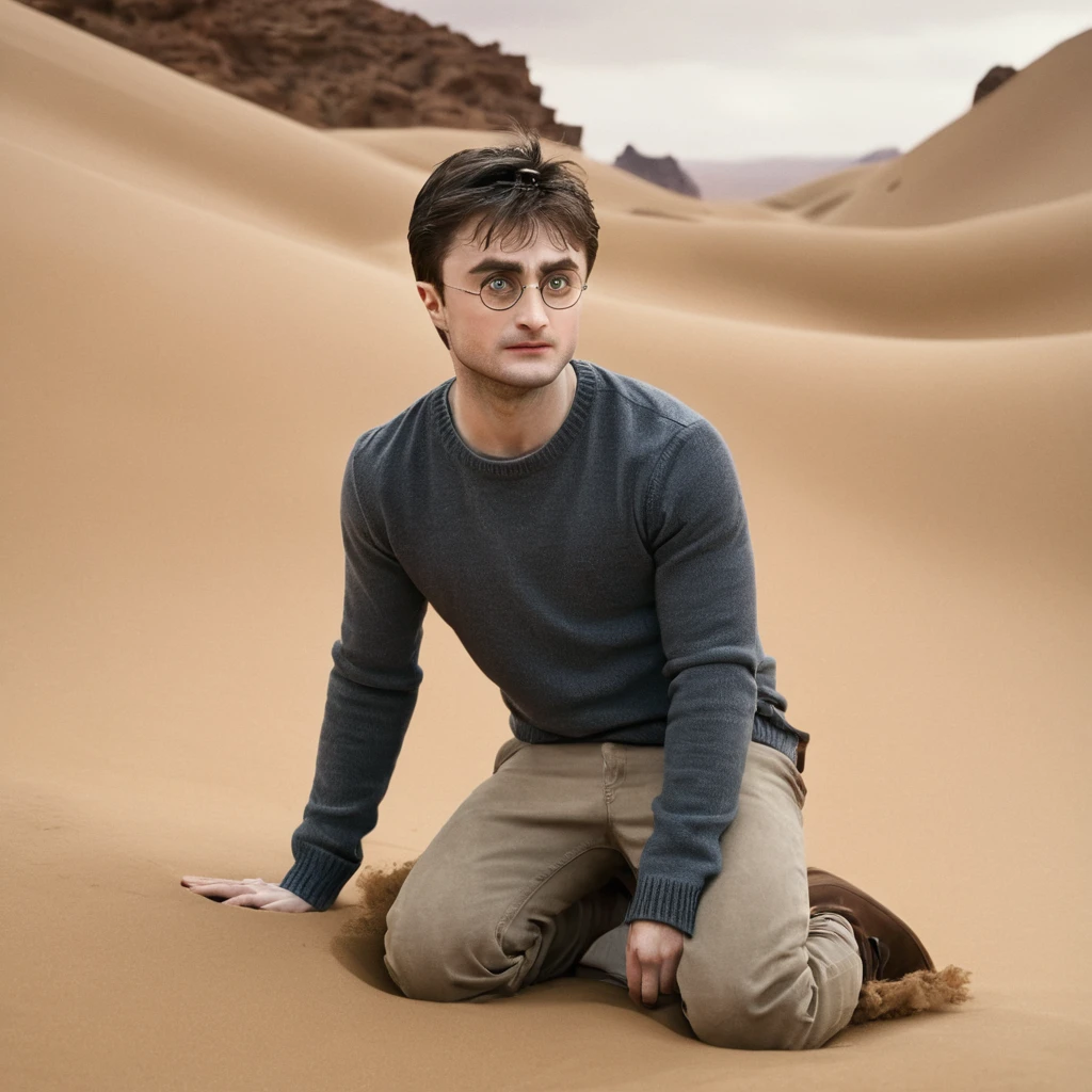 Harry Potter, Daniel Radcliffe, haletant, dans un désert vide, au loin, fatigué, à bout de souffle (Image 4K) (la plus haute qualité)