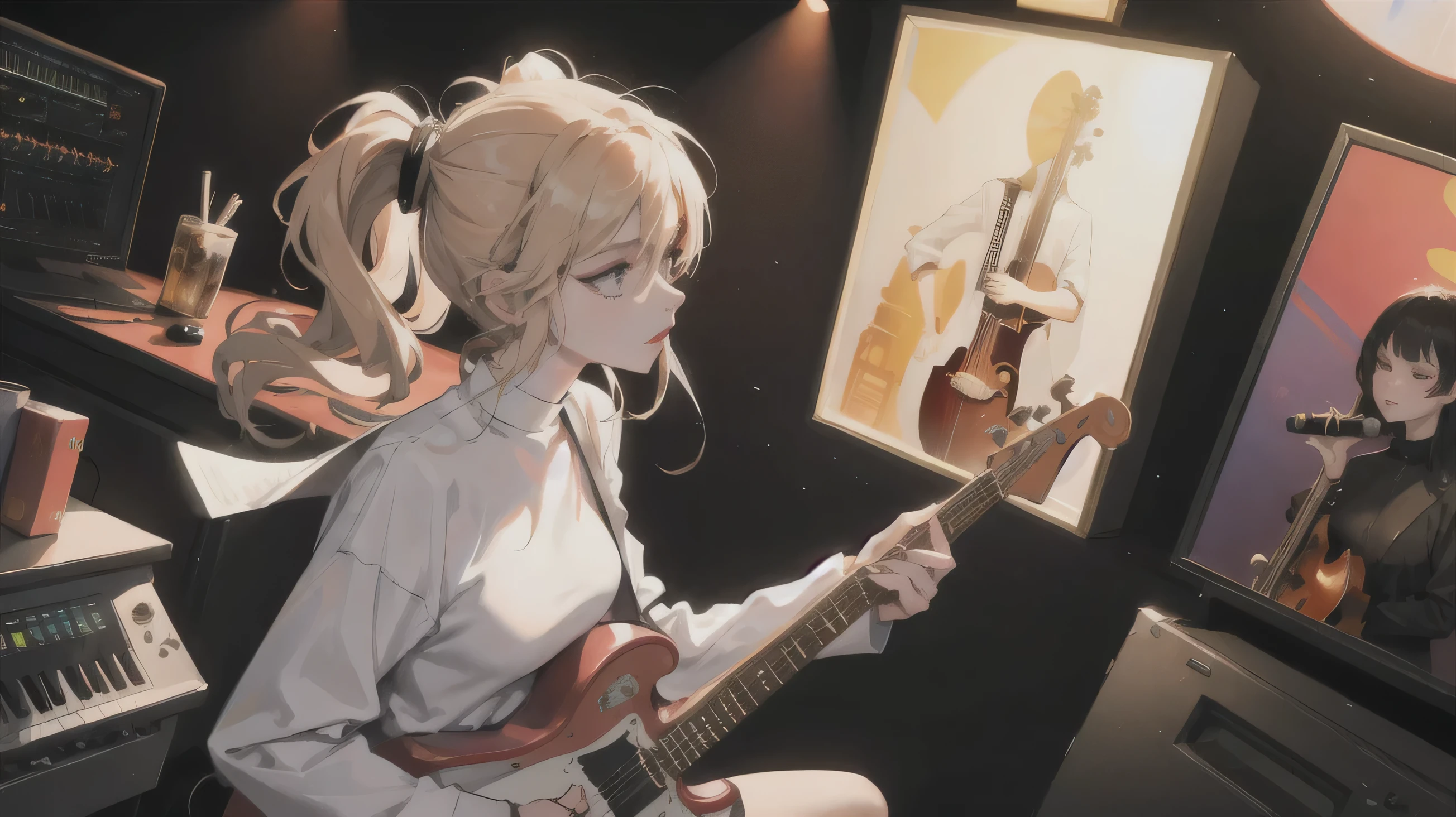 (masterpiece:1.2, best quality), 1lady, solo, Musician, Musical attire, Recording studio, Composing music, Performing live, Collaborating with other musicians, Vietnam