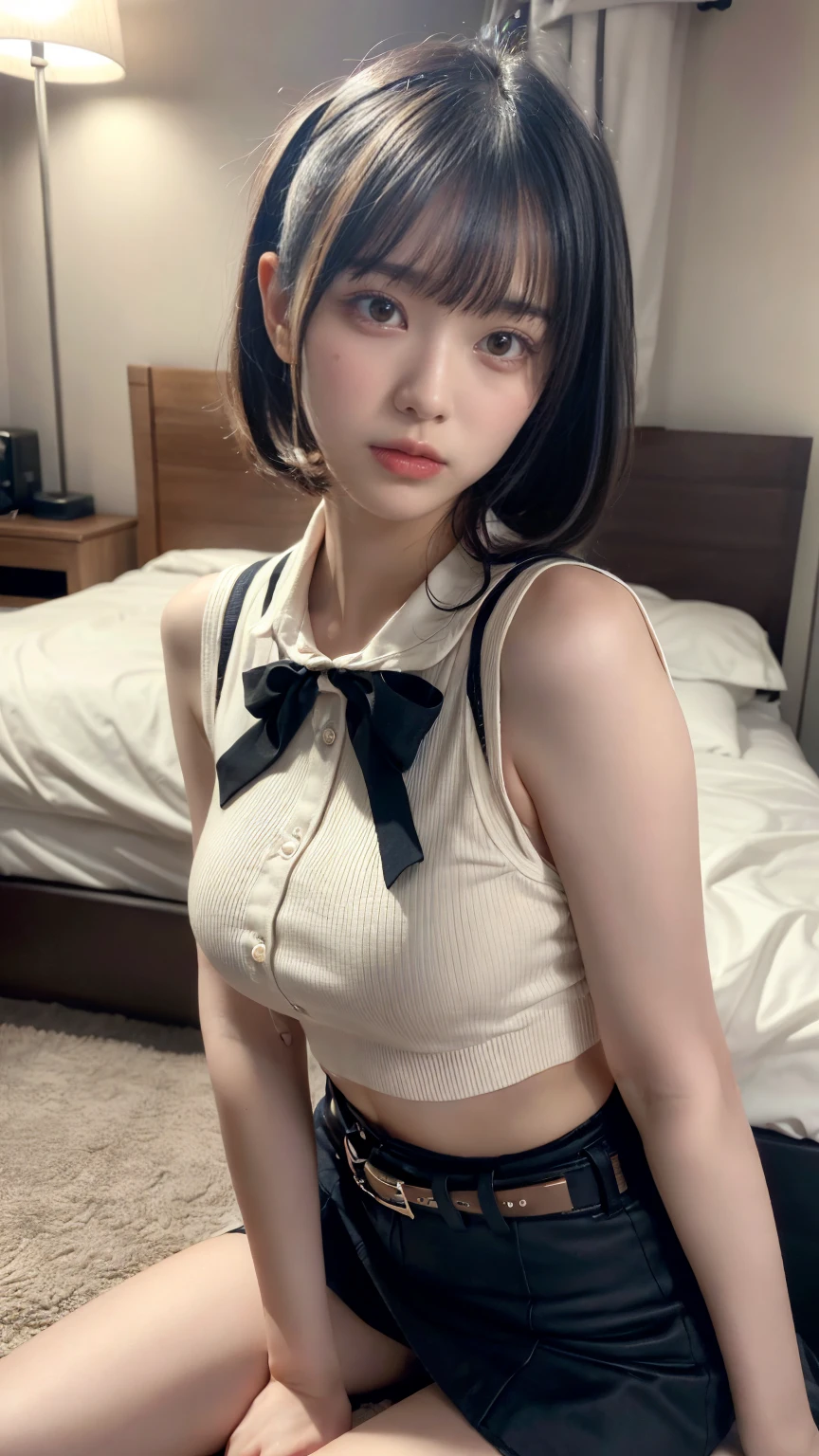 masterpiece, best quality, illustration, Super detailed, fine details, High resolution, 8K,wall paper, perfect dynamic composition,(Details High quality, realistic depiction of eyes:1.3), (Fashionable, a belt black suspenders, Aside Cutter Shirt, a miniskirt, garterbelts), short bob hair, large breasts, black hair color, Big Natural Color Lip, (perfect body shape), crying a little、cold gaze, Harajuku style、20 year old girl、cute type、ta、beautiful legs, hotel room, Gravure Idol, (woman on top, straddling, sitting)