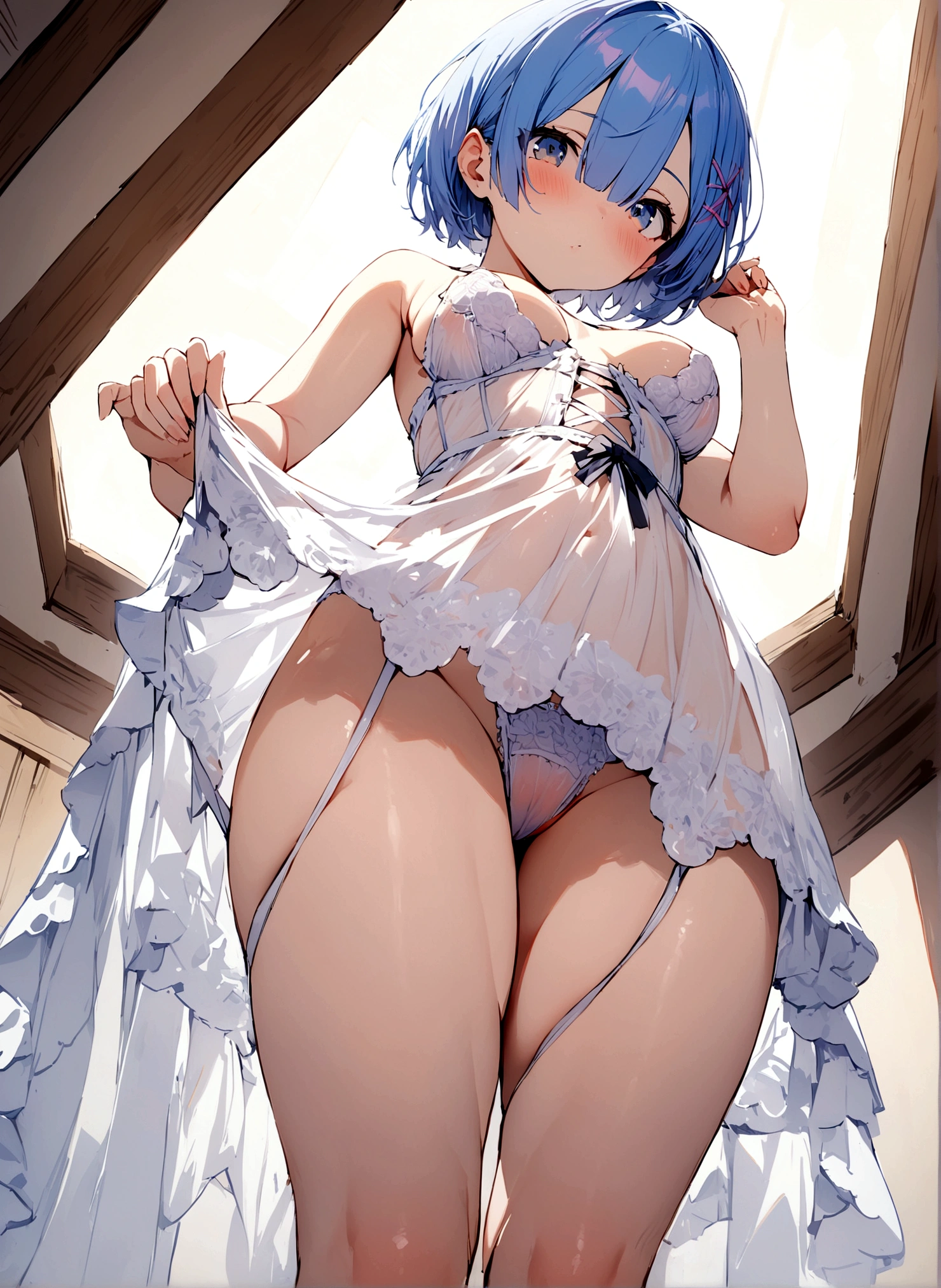 masterpiece, Highest quality, Rem,One girl,lingerie,whole body,Angle from below,Panty shot