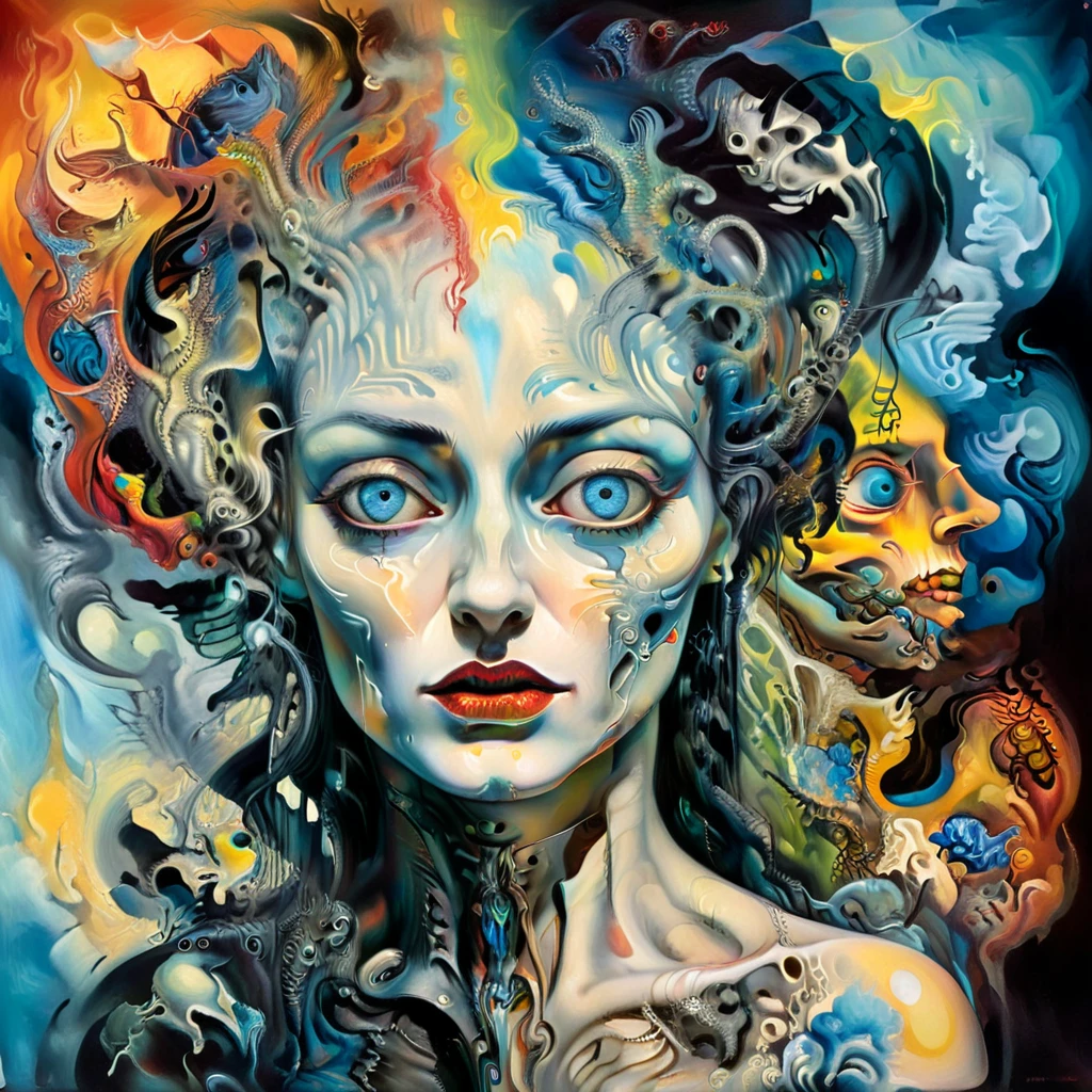 Portrait of asexy woman lost in thought, half-hidden in shadow, James Jean, Van Gogh, Salvador Dalí, H.R. Giger, blending into a canvas of thought-provoking abstraction, vibrant color clashes against a backdrop of surreal darkness, enigmatic, with a touch of the gothic