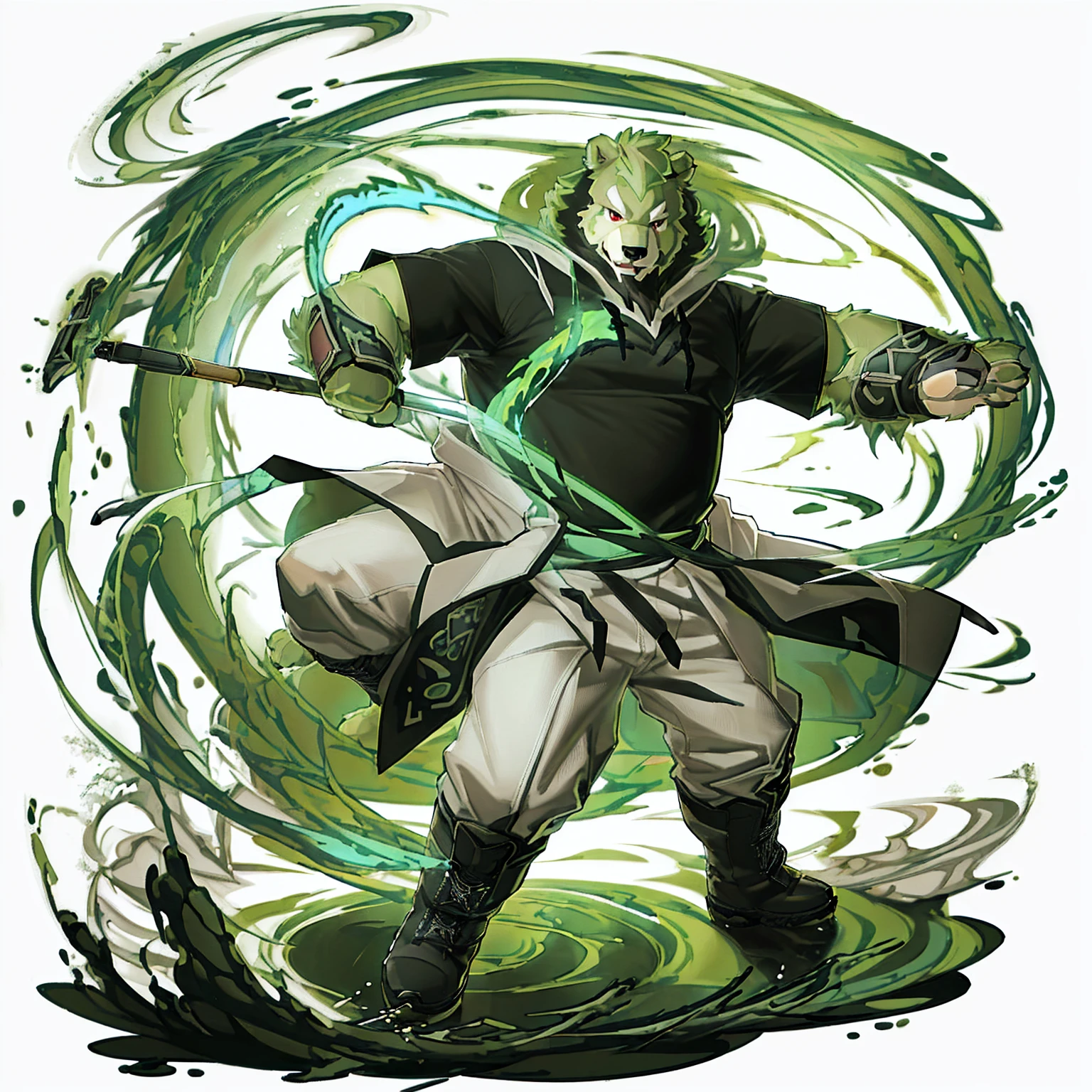 anthro, kemono, male, solo, (((anthro bear))), (((green bear))), (((green fur))), green hair, red eyes, beard, white eyebrows, mature, white background,  mage staff, magic, ((((black t-shirt inside), (((white long coat unhooded))), gray trousers, military boots))), full body, splash art,  (((action pose))), mage pose,