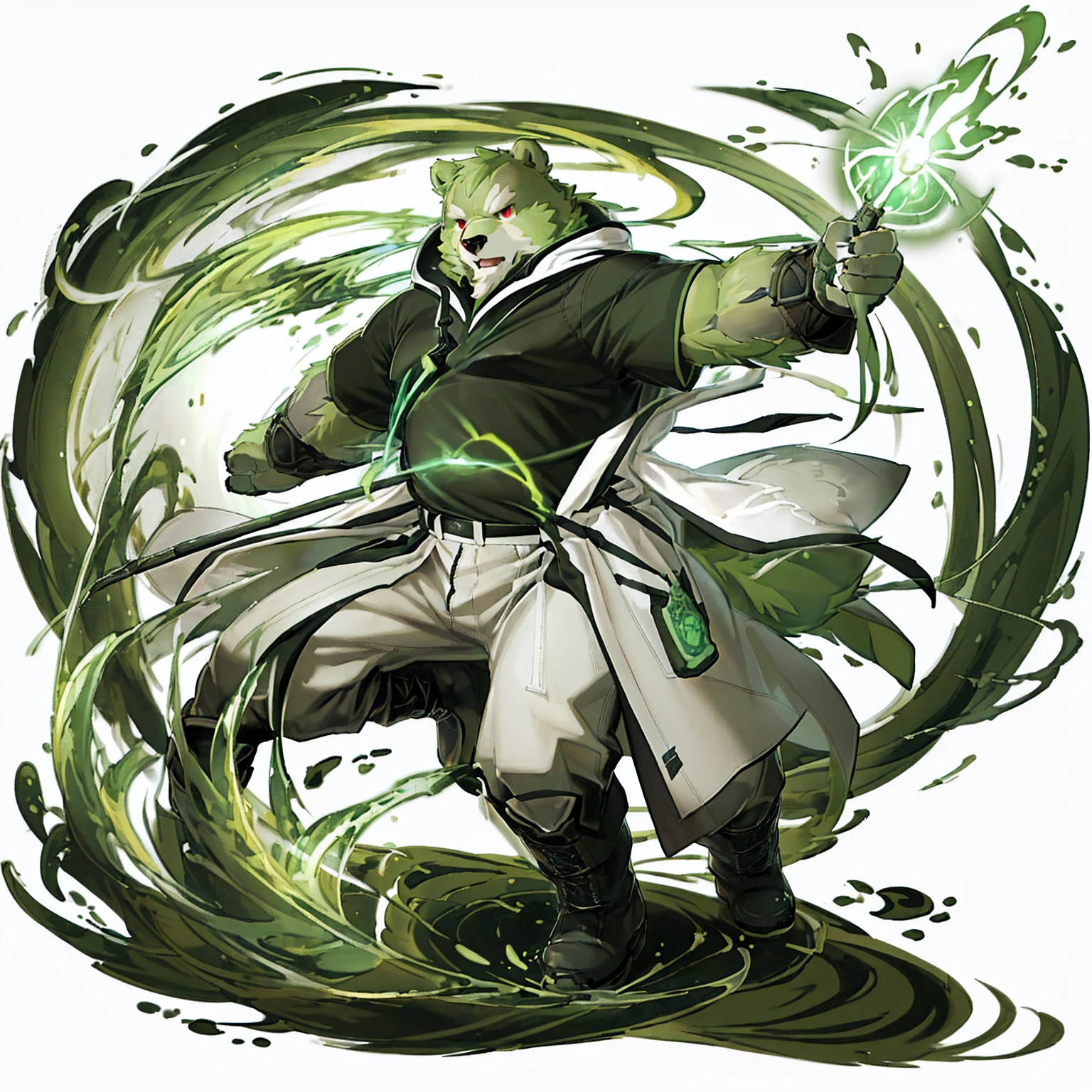 anthro, kemono, male, solo, (((anthro bear))), (((green bear))), (((green fur))), green hair, red eyes, beard, white eyebrows, mature, white background,  mage staff, magic, ((((black t-shirt inside), (((white long coat unhooded))), gray trousers, military boots))), full body, splash art,  (((action pose))), mage pose,