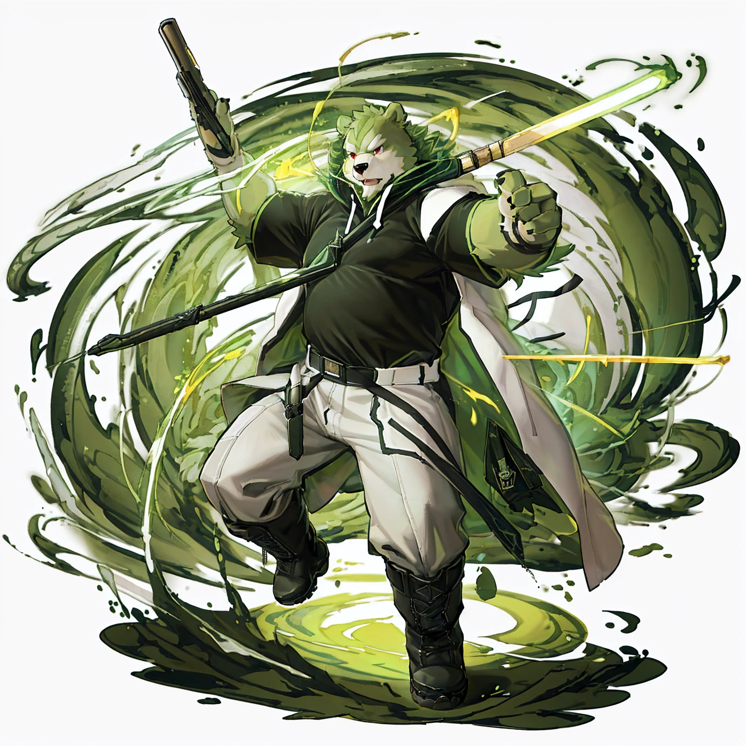 anthro, kemono, male, solo, (((anthro bear))), (((green bear))), (((green fur))), green hair, red eyes, beard, white eyebrows, mature, white background, mage staff, magic, ((((black t-shirt inside), (((white long coat unhooded))), gray trousers, military boots))), full body, splash art, (((action pose))), mage pose,