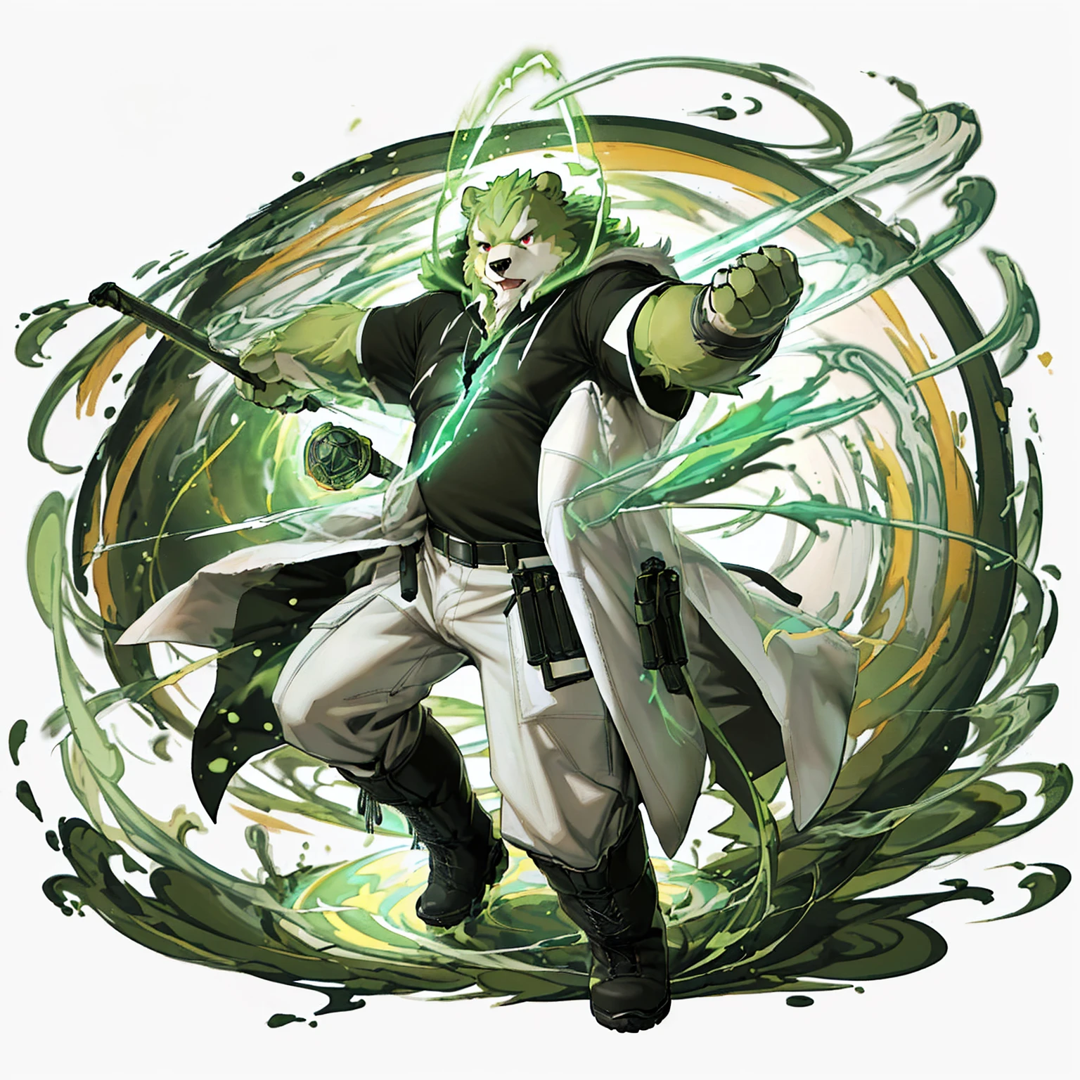 anthro, kemono, male, solo, (((anthro bear))), (((green bear))), (((green fur))), green hair, red eyes, beard, white eyebrows, mature, white background, mage staff, magic, ((((black t-shirt inside), (((white long coat unhooded))), gray trousers, military boots))), full body, splash art, (((action pose))), mage pose,