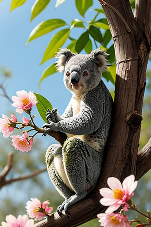 koala with butterfly wings, sitting on a tree with many flowers