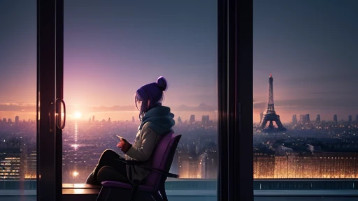 A room facing the sea, there are 23:00 pm, In the City of Paris, A girl, with purple hair and scarf, From Costa to the public, sitting in the armchair, a balcony facing glass walls fogged from the intense cold, a Persian cat on your lap, dark night with little fog, full moon with energy flow, the Eiffel Tower in the center of the moon, silver energy tides, Premonition, real scenario, I DON'T WANT HUMANS, There is a flow of energy, very real scenario, clear shades of purple and blue, ultra details.
