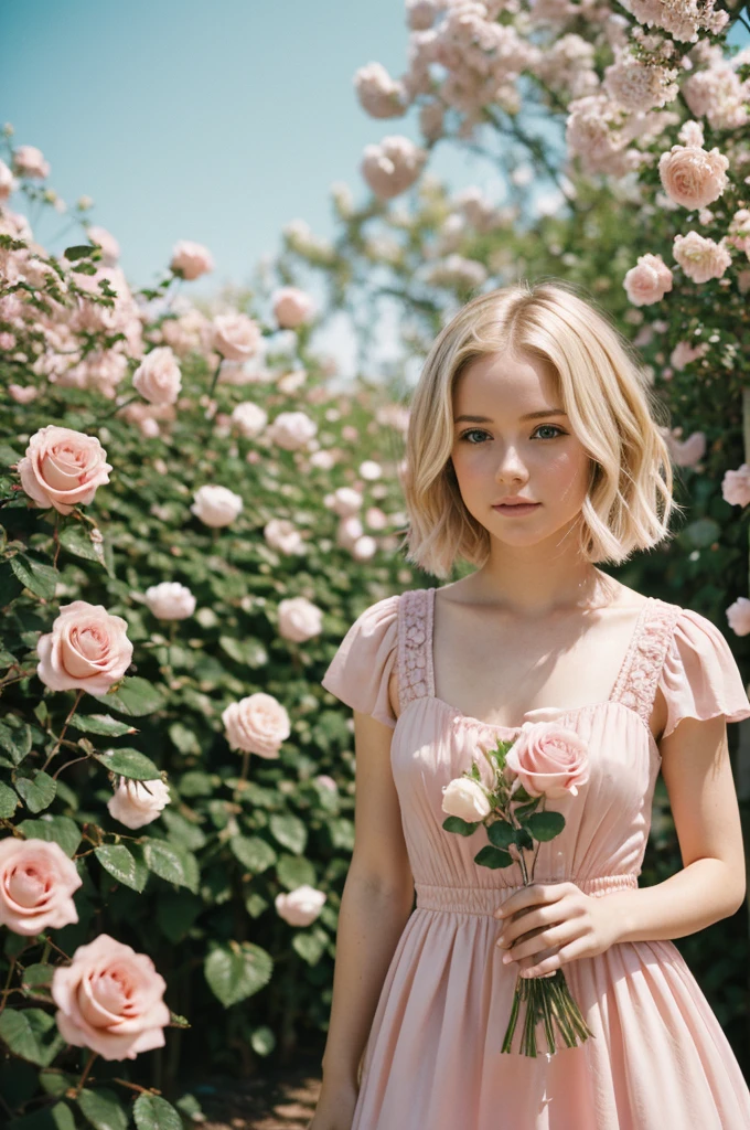 8k, photo and gross, fujifilm, Style photography of a beautiful young girl like Avril in a light pink rose garden. (very detailed skin: 1.2) Style-Petal BREAK short hair, blonde hair with colored highlights, wearing a dress, film grain, 35mm, beautiful style