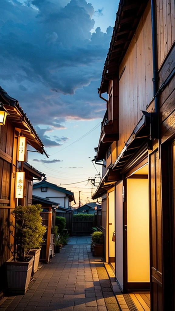 Japan, An old antique shop in a residential area, Japanの近代建築, sun-set, sunset, sun set, sun, Highest quality, (no one: 1), anime, anime style, praise, Dramatic Weather, Japanの店の看板, praise style, Vegetation, forest, Neon Signs, flower pot, lamp