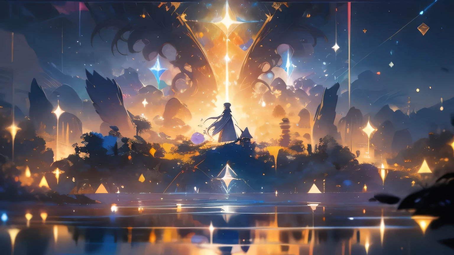 Masterpiece, Best Quality, ultra detailed, illustration, wide angle, a beautiful valley with a lake, composition, balance, harmony, rhythm, color, light, ombre, reflection, refraction, application, contrast, foreground, middle ground, bottom, Naturalist, Figurative, Figurative.