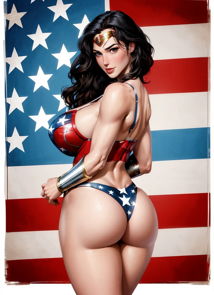 Celebrate America Day，American flag，Bald Eagle，Rich in American elements， a girl, Gal Gadot plays Wonder Woman, sexy body, Beautiful face，A charming smile，Lively expressions，，seduce。huge breasts, Huge ass, plump body, sexy bra, sexy thong、Magic high quality paintings，