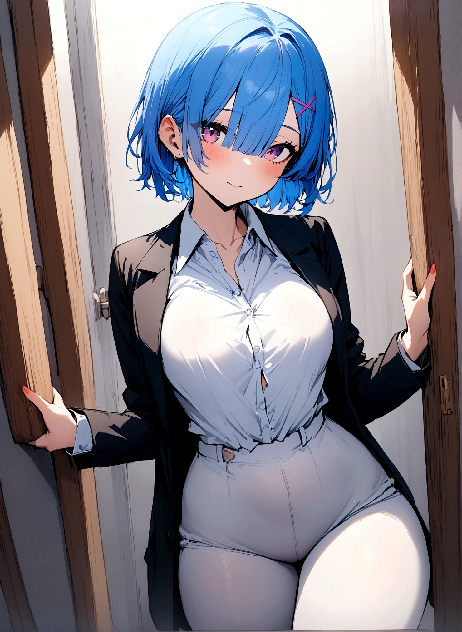masterpiece, Highest quality, Rem, One girl, Collared shirt,Blue Hair